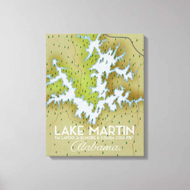 Lake Martin Alabama Resemapp karta. Canvastryck (Framsida)