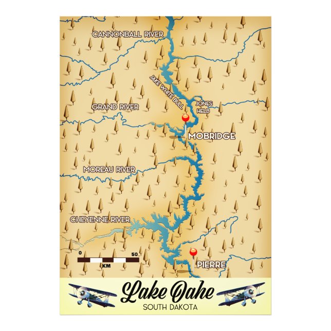 Lake Oahe South Dakota karta Fototryck (Framsidan)