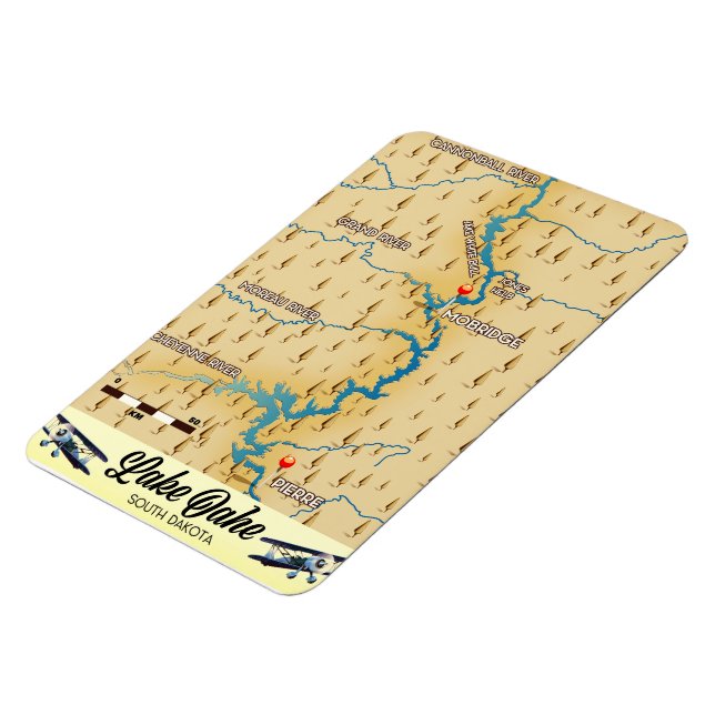 Lake Oahe South Dakota karta Magnet (Vänstra Sidan)
