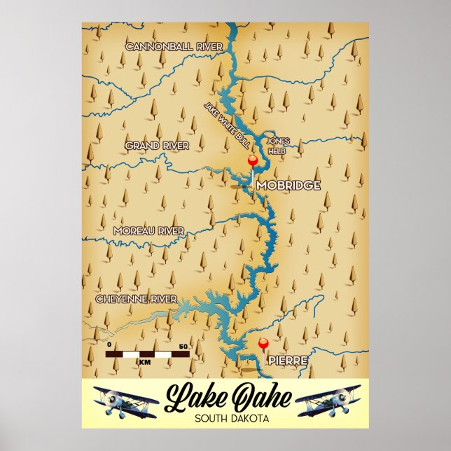 Lake Oahe South Dakota karta Poster (Framsidan)