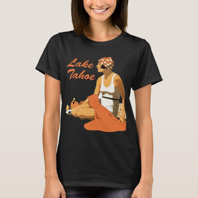 Lake Tahoe Beach Solnedgång Retro Resa T Shirt (Framsida)