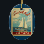 Lake Tahoe segelbåtvintage resor Kalifornien Julgransprydnad Keramik<br><div class="desc">Detta presenterar hälsningar från nautisk design för den Lake Tahoe Kalifornien vintage resor en fartygsegling på vatten med fiskmåsar,  och en blå himmel som fylls med ursnygg pösig vit,  fördunklar.</div>