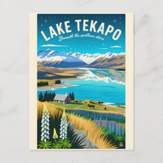 Lake Tekapo Nya Zeeland Retro Resemotiv Affisch Ko Helg Vykort
