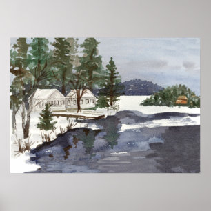 Lakeside Cabins Winter Long Pond Belgrad Maine Poster