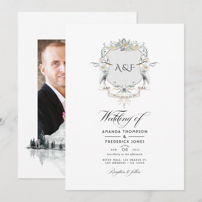 Lakeside Monogram Laurel Vapensköld Bröllop Photo Inbjudningar (Fram/baksida)