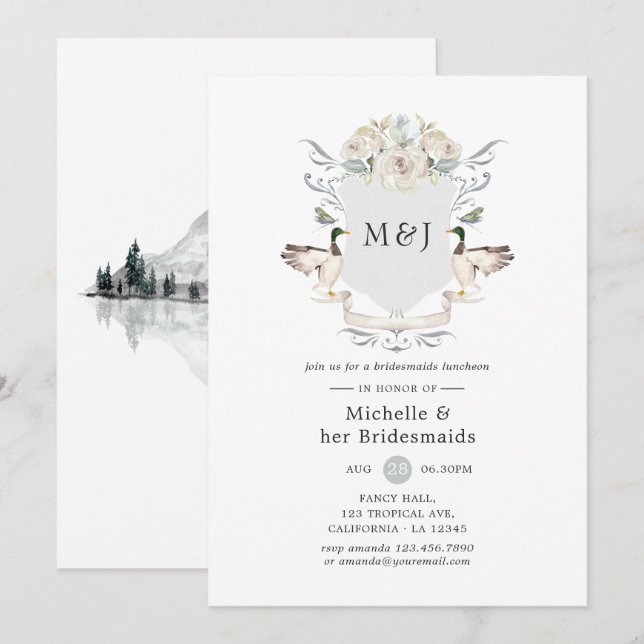 Lakeside Monogram Vapensköld Bridesmaids Luncheon Inbjudningar (Fram/baksida)