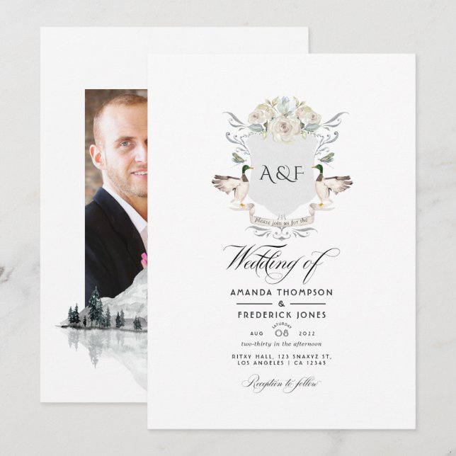 Lakeside Monogram Vapensköld Bröllop Photo Inbjudningar (Fram/baksida)