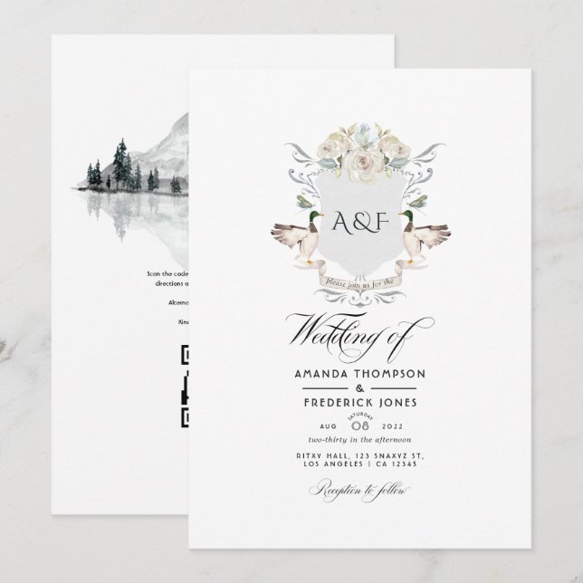 Lakeside Monogram Vapensköld QR Code OSA Bröllop Inbjudningar (Fram/baksida)