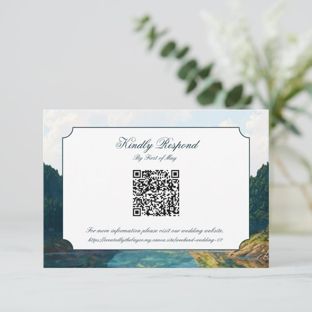 Lakeside Mountain Valley Wedding QR code RSVP Card OSA Kort (Stående Fram)