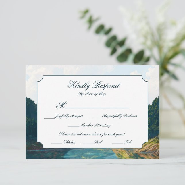 Lakeside Mountain Valley Wedding RSVP Card OSA Kort (Stående Fram)