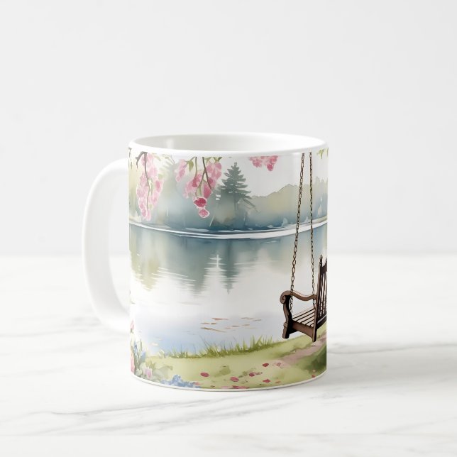 Lakeside Swing in Romantic Watercolor Garden Kaffemugg (Framsida vänster)