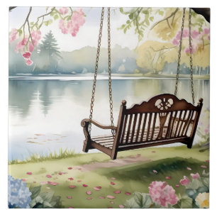 Lakeside Swing in Romantic Watercolor Garden Kakelplatta