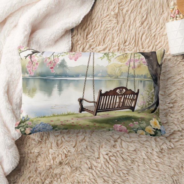 Lakeside Swing in Romantic Watercolor Garden Lumbarkudde (Filt)