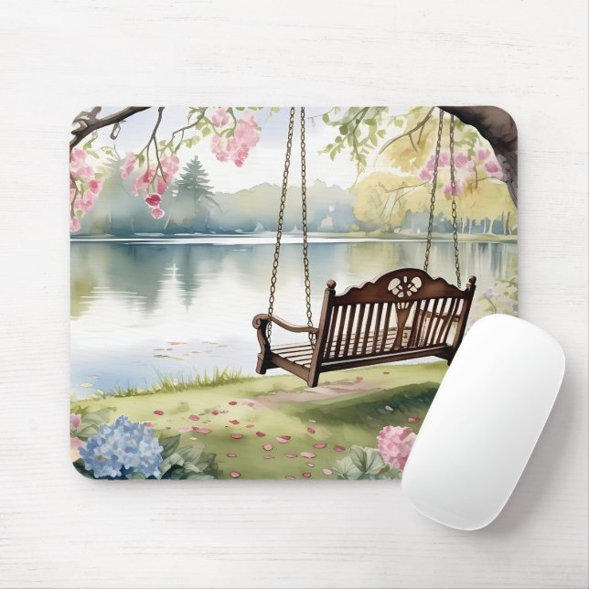 Lakeside Swing in Romantic Watercolor Garden Musmatta (Med mus)