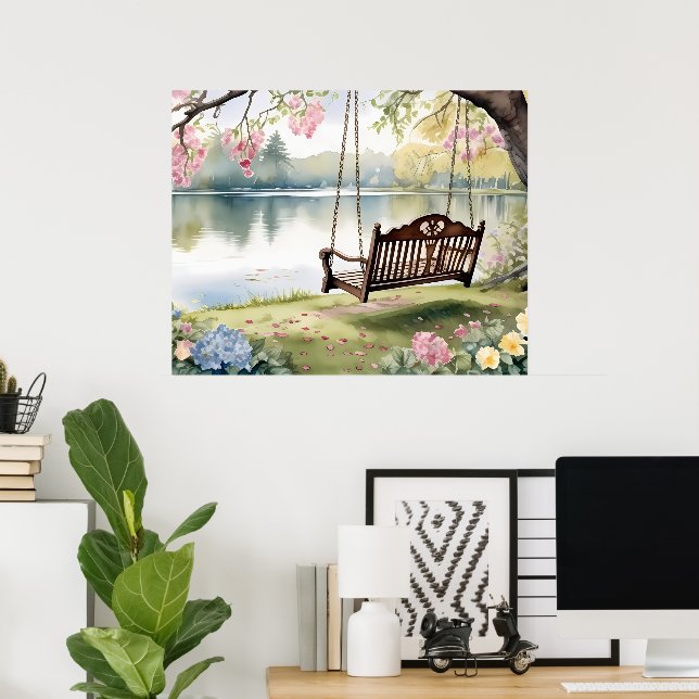 Lakeside Swing in Romantic Watercolor Garden Poster (Hemmakontoret)