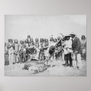 Lakota indier som flår nötkreatur, fotograferar poster
