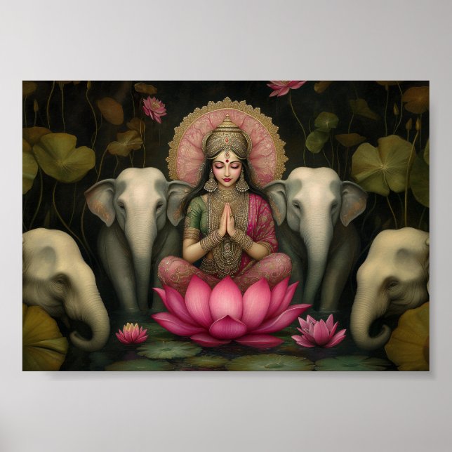 Lakshmi Goddess Art Print: Hindu Lotus Elephants Poster (Framsidan)