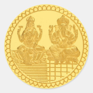 LAKSHMI- OCH GANESH-GULD MYNTAR DESIGN RUNT KLISTERMÄRKE