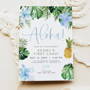 LALANI Beach Blue Hibiscus Luau Hula 1:a födelseda Inbjudningar