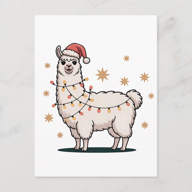 Lama Alpaca Med Tomtehatt Och Julbelysning Meddelande Vykort (Framsida)