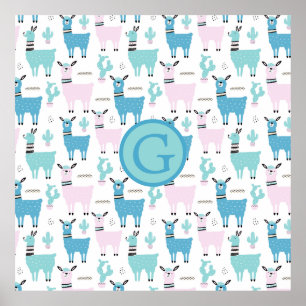Lama Alpacka Djur Monogram Blå Rosa Djur Poster