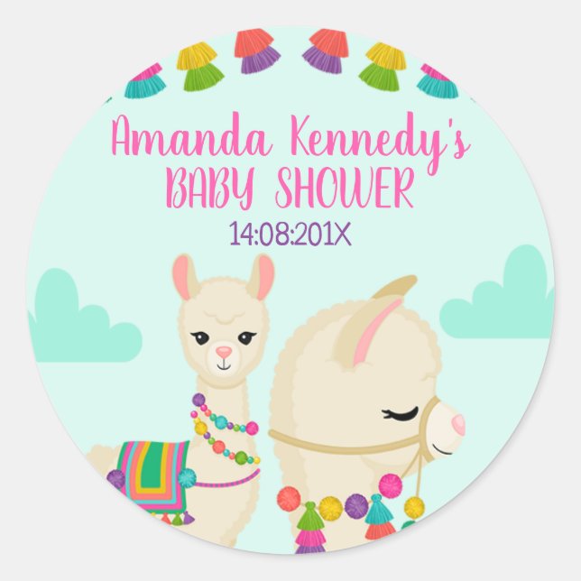 Lama Baby Shower Sticker Runt Klistermärke (Framsida)