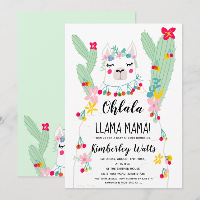 Lama cactus illustration fiesta babydusch inbjudningar (Fram/baksida)