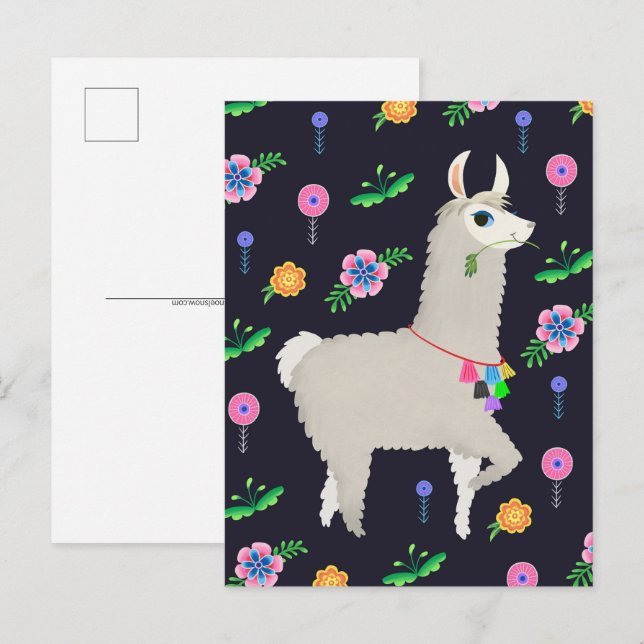 Lama med blommor vykort (Fram/baksida)