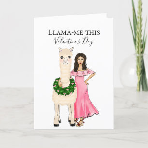 Lama med hjärtkrans och kvinnlig illustration helgkort