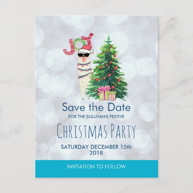 Lama på Silver Bokeh & Icy Blue Spara datumet Vykort (Framsida)