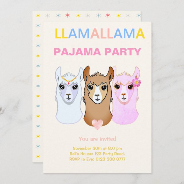 Lama Pyjamasparty Inbjudan (Fram/baksida)