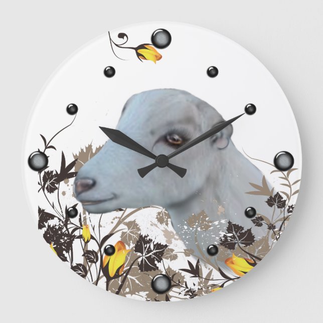 LaMancha Goat Painting Blommigt Wall Clock Stor Klocka (Framsida)