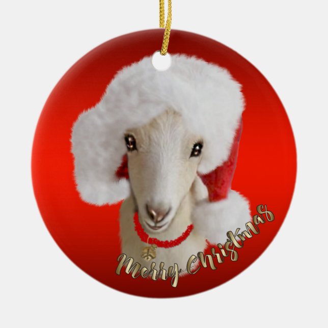 LaMancha Goat Santa Hat-julprydnad Julgransprydnad Keramik (Framsidan)
