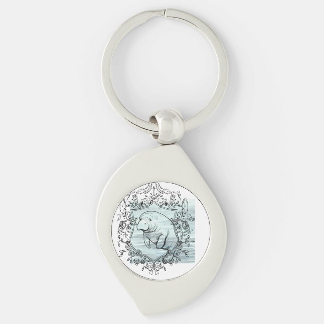 Lamantin i fin bård swirl silverfärgad nyckelring (Framsidan)