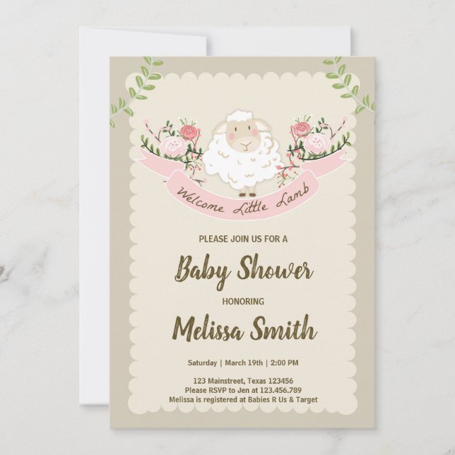 Lamb Baby Shower-inbjudan Flickor Rosa Vår Inbjudningar (Framsida)