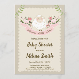 Lamb Baby Shower-inbjudan Flickor Rosa Vår Inbjudningar