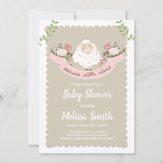 Lamb Baby Shower-inbjudan Flickor Rosa Vår Inbjudningar (Framsida)