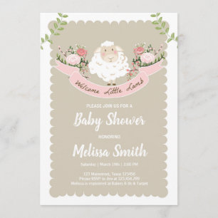Lamb Baby Shower-inbjudan Flickor Rosa Vår Inbjudningar
