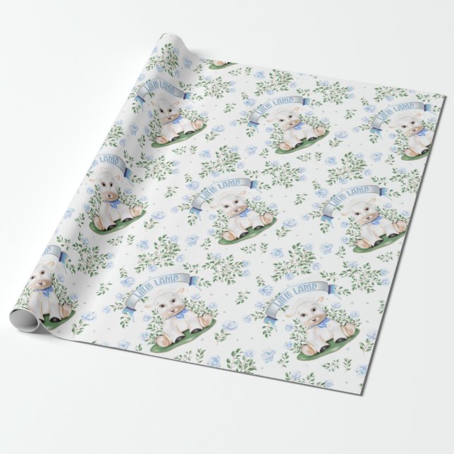 Lamb Blue Blommigt Baby Shower Presentpapper (Utrullad)