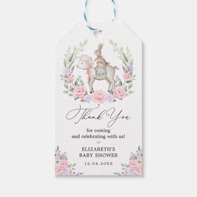 Lamb & Bunny Rabbit Rosa Lila Blommigt Baby Shower Presentetikett (Framsidan)