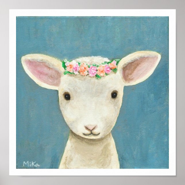 Lamb Flowers Nursery Art Skriv ut får Nursery Deco Poster (Framsidan)