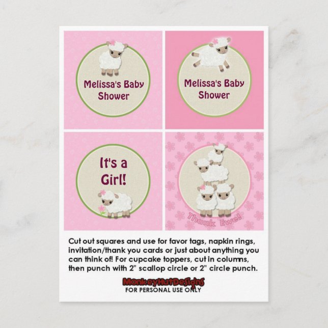 LAMB Girl Baby Shower Cuptårta Topper Sweet Dreams Inbjudan Vykort (Framsida)