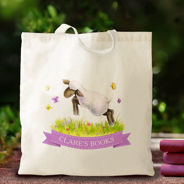 Lamb hoppar över vår stollig art lila namn bok tygkasse (Skapare uppladdad)