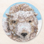 Lamb i Snö Underlägg Papper Rund<br><div class="desc">Lamb på gården väntar tålmodigt på frukost i snö</div>
