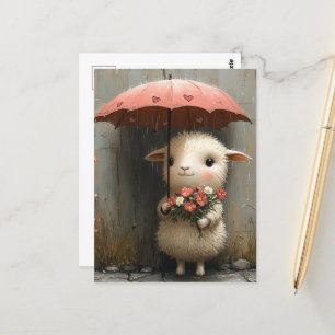 Lamb med blommor och paraplyer i Rain Vykort