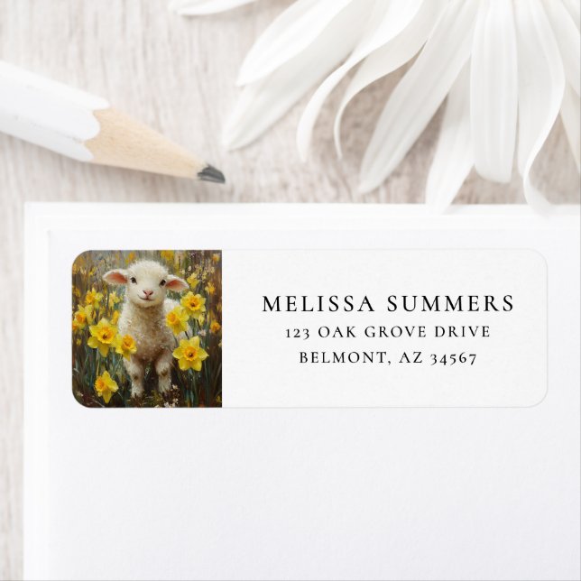 Lamb och Gult Daffodil Flowers Farm Art Returadress Etikett (Insitu)