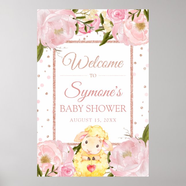 Lamb Ro Guld och Rosa Peony Baby Shower Välkommen Poster (Framsidan)