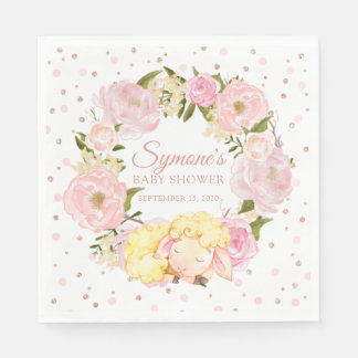 Lamb Ro Guld och Rosa Peony Girl Baby Shower Pappersservett