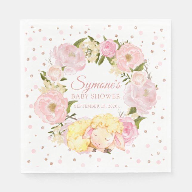 Lamb Ro Guld och Rosa Peony Girl Baby Shower Pappersservett (Framsidan)