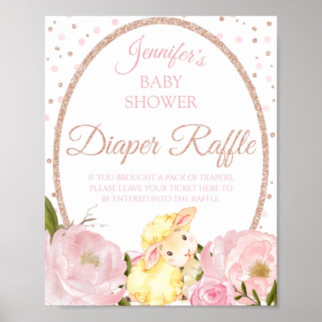 Lamb Rosa Peony och Ro Baby Shower Diaper Raffle Poster (Framsidan)
